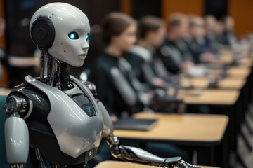 Poster - A robot sits among a group of people, leading the discussion