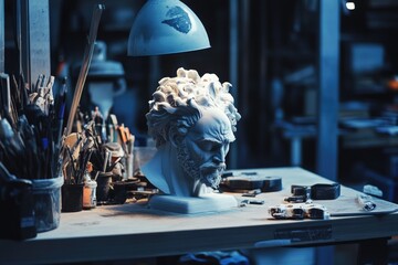 Poster - A sculptural representation of a human head placed on a table, suitable for artistic or educational purposes