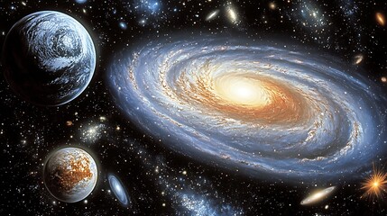 Poster - A beautiful spiral galaxy with planets in deep dark space