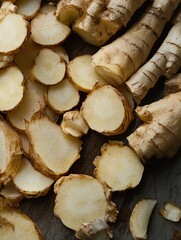 Poster - A close-up view of sliced gingers on a table, ideal for food and recipe illustrations