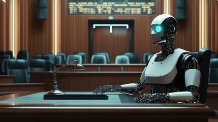 Poster - A robot sits at a judge's bench in a courtroom setting