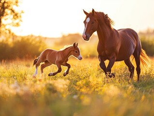 Poster - A motherly horse with her young foal galloping freely in an open field