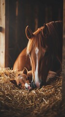 Poster - A brown horse lying down next to its baby, both resting in a natural setting