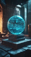 Poster - A luminescent sphere sits atop a rustic wooden table, perfect for use in fantasy or sci-fi scenes
