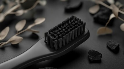 Aufkleber - A single black brush sits on a black table, ready for use