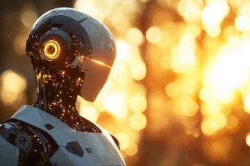 Poster - Close-up view of a robot's head with glowing eyes, suitable for sci-fi and futuristic themes