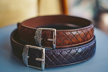 Poster - A pair of belts displayed on a table, possibly for display or storage