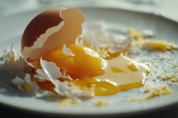 Poster - A cracked egg sits atop a pristine white plate, ready for use or display