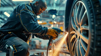 Poster - an experienced automotive mechanic is diligently performing precision work on a car wheel using adva