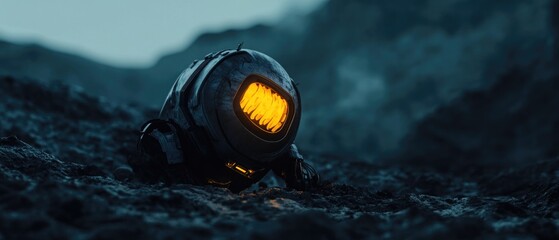 Poster - A close-up view of a helmet resting on a rugged rocky surface