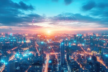 Poster - A city skyline illuminated by colorful fireworks bursting above, ideal for backgrounds or urban scenes