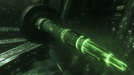 Poster - A futuristic space station structure illuminated by green lighting in darkness