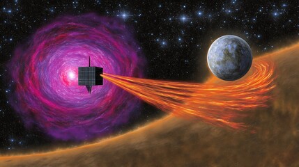 Wall Mural - A spacecraft explores a nebula and orbits a blue terrestrial planet