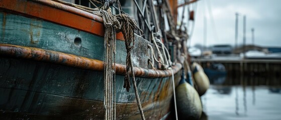 Poster - A boat is securely moored at a dock with ropes and buoys, ready for departure