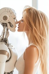Poster - A woman leans close to a humanoid robot, emphasizing a moment of connection that showcases the evolving relationship between humans and technology