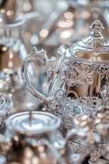 Poster - A silver tea pot sitting on a table, ready for use