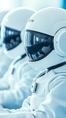 Poster - Astronauts in sleek white suits and helmets engage in advanced training at a high-tech facility, showcasing human collaboration with innovative technology
