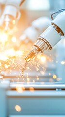 Poster - Sparks fly as advanced robotic arms operate in a high-tech manufacturing facility, demonstrating the synergy between human ingenuity and automated machinery