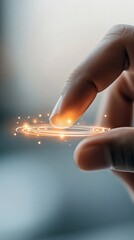 Poster - A person gently touches a glowing, interactive interface emanating sparks, symbolizing the connection between human touch and advanced technology in a modern space