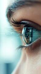 Poster - A close-up of a human eye highlights the integration of technology, as data and digital elements merge with natural vision, illustrating human and technology synergy