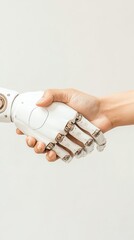 Poster - A human hand shakes a robotic hand in a contemporary setting, illustrating the integration of technology and human collaboration, fostering innovation and progress