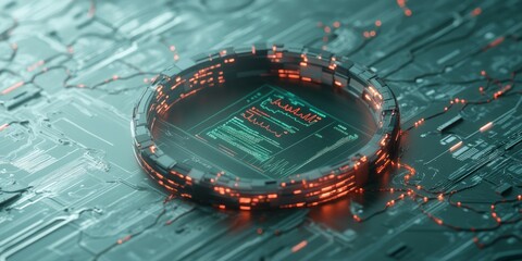 Poster - A circular digital interface, lit in orange, showcases real-time data analytics, emphasizing the synergy between human ability and technology