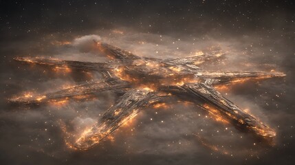 Poster - a large alien spaceship glows amidst cosmic clouds and stars