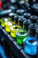 Aufkleber - A close-up shot of variously colored jars filled with unknown contents, great for decorative or organizational purposes