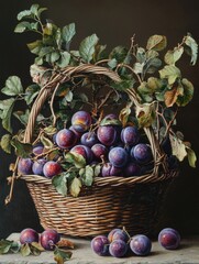 Poster - A still life image of a wicker basket filled with plums on a wooden table