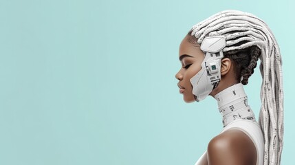 Poster - A young woman engages with advanced technology, showcasing a blend of human creativity and robotic elements in a minimalist workspace filled with innovation