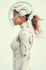 Poster - In a tranquil setting, a humanoid figure with embedded technology stands gracefully, embodying the synergy between human identity and advanced robotics