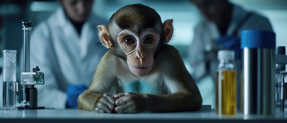 Poster - A monkey sitting at a table with various equipment and instruments in a laboratory setting
