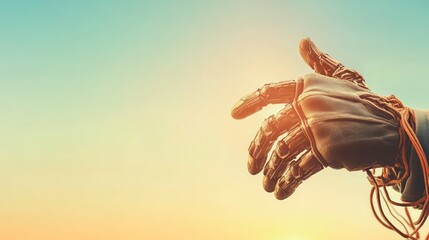 Poster - A robotic hand extends towards the horizon during sunset, symbolizing the collaboration between humans and machines in a modern world
