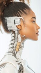 Poster - A profile view showcases a woman seamlessly integrated with advanced technology, highlighting the connection between human potential and machine capabilities