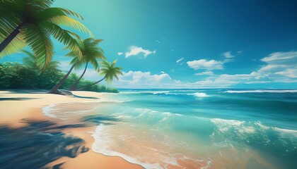  dream tropical beach with palm trees sea blue sky and shallow surf waves theme travel vacation or travel agency generative ai