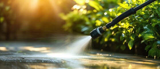 Poster - A sprinkler sprays water onto the lawn