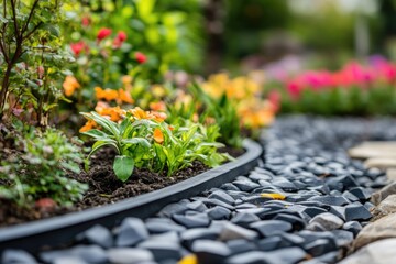 Aufkleber - A peaceful scene of a flower bed with rocks and colorful flowers in the background