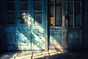 Poster - A bright yellow sign is attached to a blue door, possibly indicating a welcome or warning message