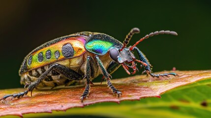 Poster - A vibrant insect perches on a green leaf, showcasing its striking colors and unique features