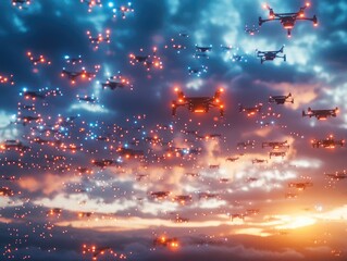Poster - Aerial view of several airplanes flying through a cloudy sky, with no people or landmasses visible