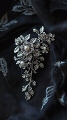 Poster - A decorative brooch featuring pearls and leaves on a black fabric, perfect for adding a touch of elegance to any outfit or as a jewelry design element