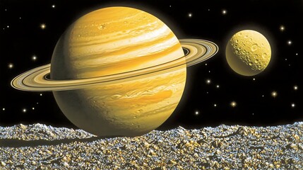 Wall Mural - A distant planet and a moon float in outer space scenery