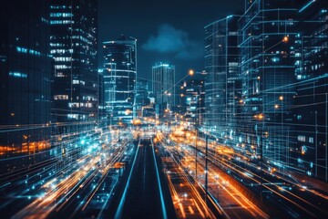 Poster - Urban city scene at night with many lights and buildings