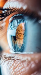 Poster - An eye with detailed iris patterns reflects streams of binary code, showcasing the blend of biology and technology in a modern environment