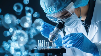 Poster - scientist examining samples under microscope in lab