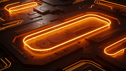 Fototapete - Vibrant orange neon design elements emit a warm glow and flicker against a technological backdrop. This is a high-quality image