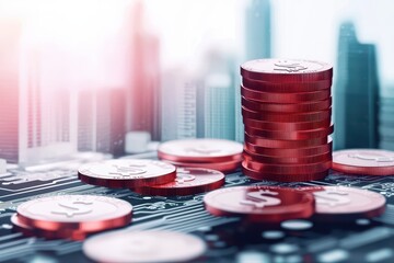 Poster - Digital Coins Stacked on Circuit Board Background