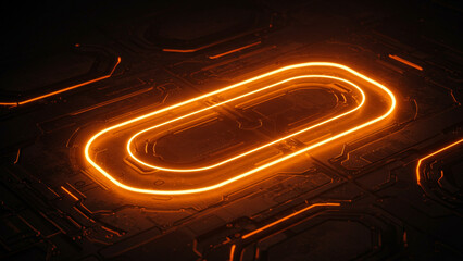 Fototapete - The background features high-quality neon design elements in orange, radiating warm light and pulsating with a technological flair