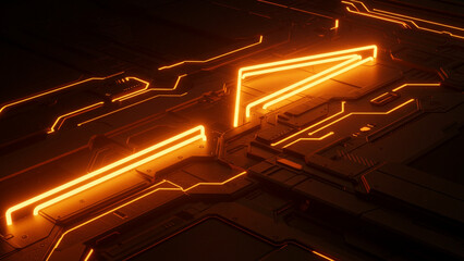 Fototapete - A high-resolution photo showcasing neon design elements in a warm orange hue, glowing and flashing within a tech-inspired background