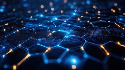 Poster - Abstract hexagonal network, glowing points, dark background, digital technology